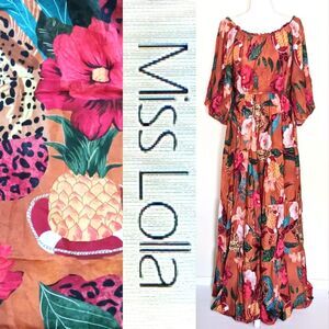 NWT Miss Lolla Tropical Floral Print Maxi Dress Puff Sleeve  Full Skirt Sz Lg